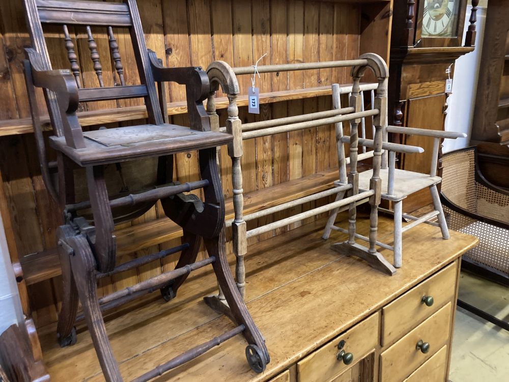 A Victorian towel rail, a primitive childs elbow chair and a metamorphic chair